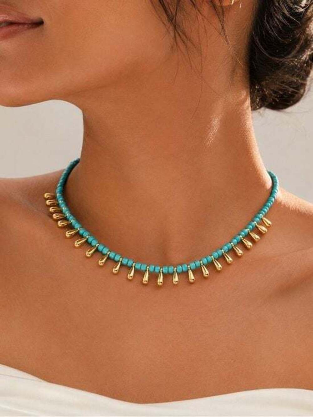 Turquoise Beaded Gold Teardrop Choker Necklace - Women Jewelry